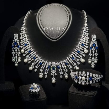 Omnia Sirella Blue Bridal Full Set with Intricate Cascading Zircon and Pearl Design in High-Quality Rhodium Plated