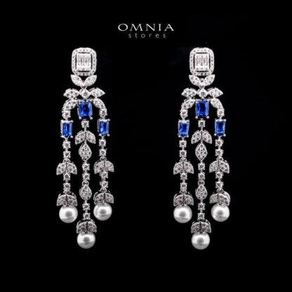 Omnia Sirella Blue Bridal Full Set with Intricate Cascading Zircon and Pearl Design in High-Quality Rhodium Plated - Image 3