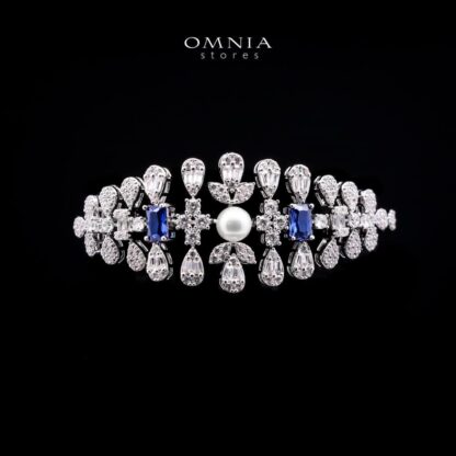 Omnia Sirella Blue Bridal Full Set with Intricate Cascading Zircon and Pearl Design in High-Quality Rhodium Plated - Image 4