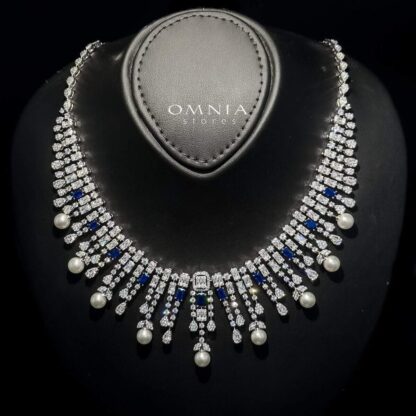 Omnia Sirella Blue Bridal Full Set with Intricate Cascading Zircon and Pearl Design in High-Quality Rhodium Plated - Image 6