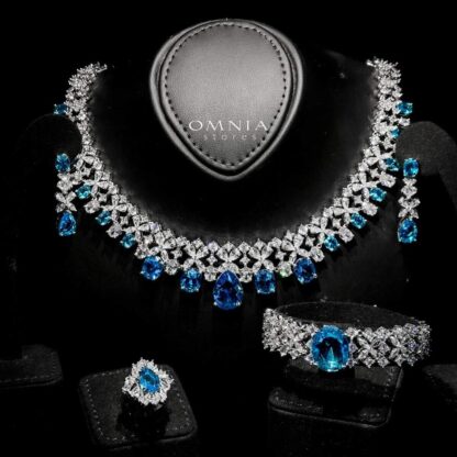 Omnia Suhana Sky Blue Bridal Full Set Designed with Pear-Cut and Round Simulated Diamonds in High-Quality Rhodium Plated Finish