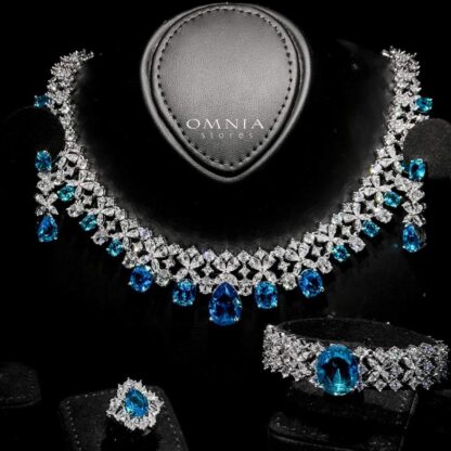 Omnia Suhana Sky Blue Bridal Full Set Designed with Pear-Cut and Round Simulated Diamonds in High-Quality Rhodium Plated Finish - Image 5