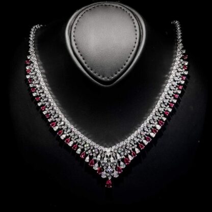 Omnia Melora Maroon and White Bridal Full Set with Pear-Cut and Baguette Zircon in Cascading Design in High-Quality Rhodium Plated - Image 6