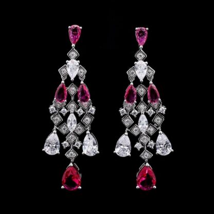 Omnia Melora Maroon and White Bridal Full Set with Pear-Cut and Baguette Zircon in Cascading Design in High-Quality Rhodium Plated - Image 5