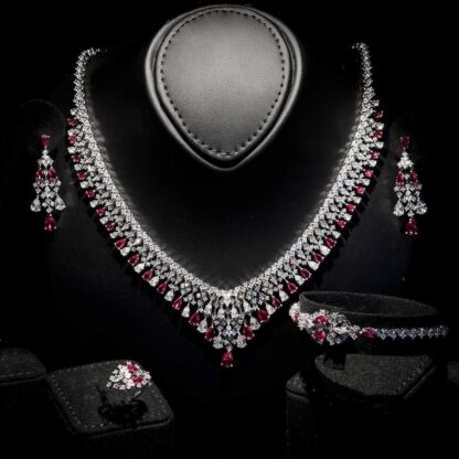 Omnia Melora Maroon and White Bridal Full Set with Pear-Cut and Baguette Zircon in Cascading Design in High-Quality Rhodium Plated - Image 4