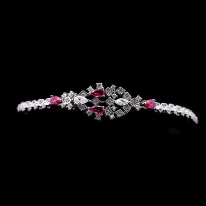Omnia Melora Maroon and White Bridal Full Set with Pear-Cut and Baguette Zircon in Cascading Design in High-Quality Rhodium Plated - Image 3