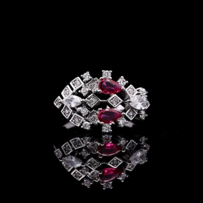 Omnia Melora Maroon and White Bridal Full Set with Pear-Cut and Baguette Zircon in Cascading Design in High-Quality Rhodium Plated - Image 2