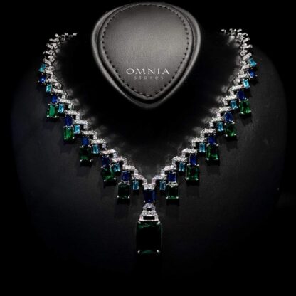 Omnia Veryna Bridal Full Set in High Quality Simulated Diamonds with Emerald and Sapphire Cut Stones, Rhodium Plated - Image 2