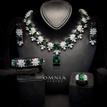 Omnia Charlene Green Bridal Full Set in High Quality Simulated Diamonds with Emerald and Marquise Cut Stones, Rhodium Plated