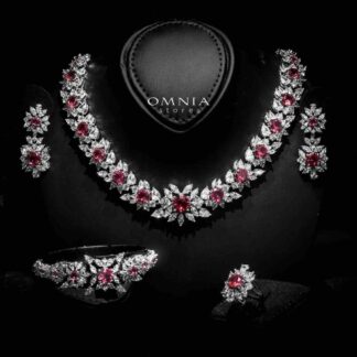 Omnia Nareen Red Bridal Full Set in High Quality Zircon Stone Rhodium Plated