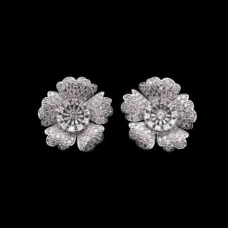 Omnia Raneem Pure White Floral Stud Earrings in High-Quality Zircon Stones in a Rhodium Plated Finish