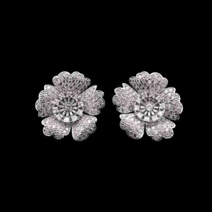 Omnia Raneem Pure White Floral Stud Earrings in High-Quality Zircon Stones in a Rhodium Plated Finish