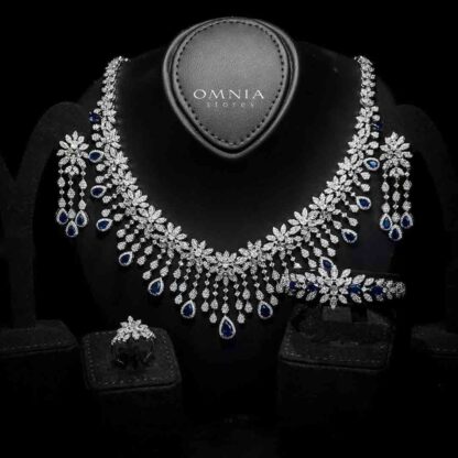 Omnia Anoud blue Bridal Full Set with Sparkling Zircon Stones in High-Quality Rhodium Plated Finish (18cm only available in KSA)