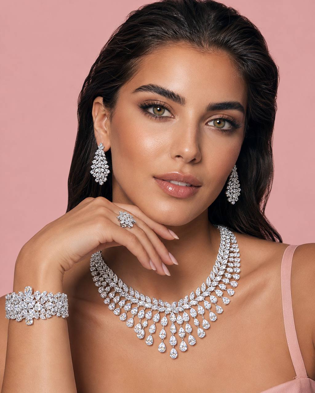 Omnia Sufia Luxury Bridal Full Set – Simulated Diamonds (Pear & Marquise Cut) Rhodium Plated - Image 3