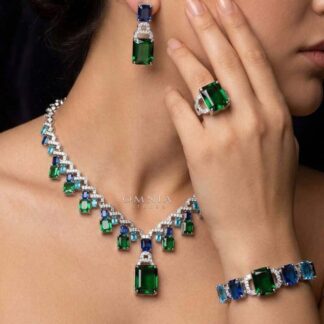 Omnia Veryna Bridal Full Set in High Quality Simulated Diamonds with Emerald and Sapphire Cut Stones, Rhodium Plated