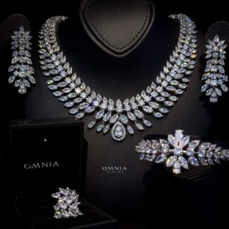 Omnia Zakiyah Luxury Bridal Full Set in High Quality Simulated Diamonds with Pear and Marquise Cut Stones, Rhodium Plated
