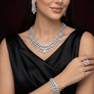 Omnia Zakiyah Luxury Bridal Full Set in High Quality Simulated Diamonds with Pear and Marquise Cut Stones, Rhodium Plated