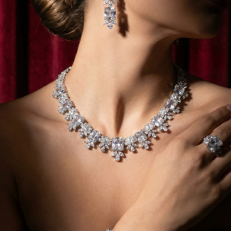 Omnia Charlotte Pure White Bridal Full Set with Emerald and Pear-Cut High-Quality Simulated Diamonds Rhodium Plated