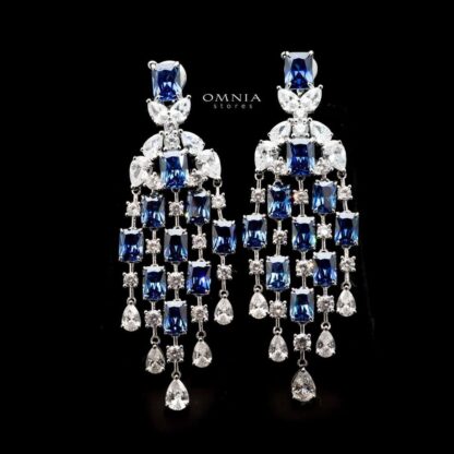 Omnia Israa Blue Chandelier Earrings In 92.5 Silver High Quality Simulated diamonds