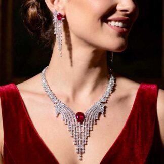 Omnia Abir Maroon Bridal Necklace & Earrings Set in 925 Silver with Pear and Marquise-Cut High-Quality Simulated Diamonds