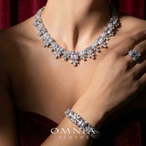 Omnia Charlotte Pure White Bridal Full Set with Emerald and Pear-Cut High-Quality Simulated Diamonds Rhodium Plated