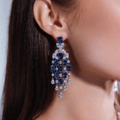 Omnia Israa Blue Chandelier Earrings In 92.5 Silver High Quality Simulated diamonds - Image 2