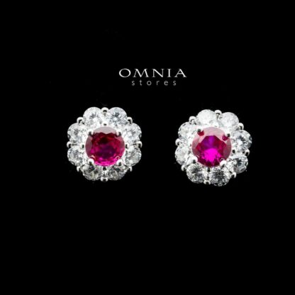 Omnia Houriya Red Flower Stud Earring in 92.5 Silver with High Quality Simulated Diamonds