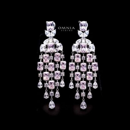 Omnia Israa Pink Chandelier Earrings In 92.5 Silver High Quality Simulated diamonds