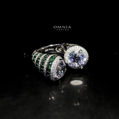 Omnia Ellen Spiral Ring in 92.5 Silver with Emerald Green and White High Quality Simulated Diamonds - Image 2