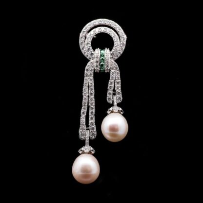 Omnia Selene Pearl Drop Brooch in 92.5 Silver with High-Quality Simulated Diamonds and Emerald Accents - Image 3