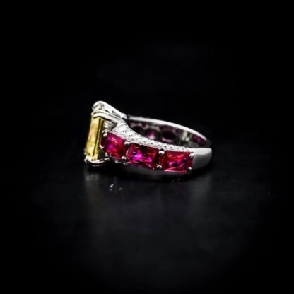 Omnia Zayna Yellow Emerald Cut Ring 92.5 Silver with High-Quality Simulated Diamonds and Ruby Accents - Image 4