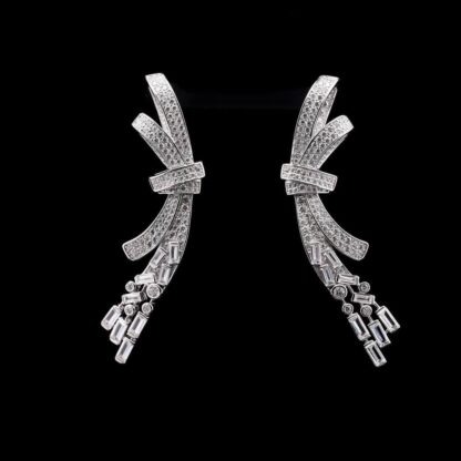 Omnia Celeste Bow Design Earrings in 92.5 Silver with High-Quality Simulated Diamonds and Elegant Dangling Accents - Image 3