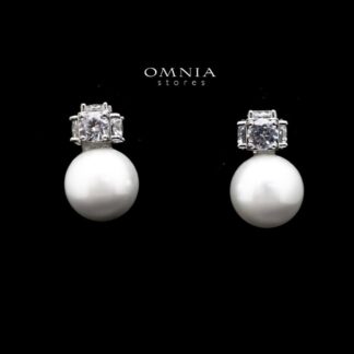 Omnia Belle White Pearl Stud Earrings In 92.5 Silver High Quality Simulated Diamonds