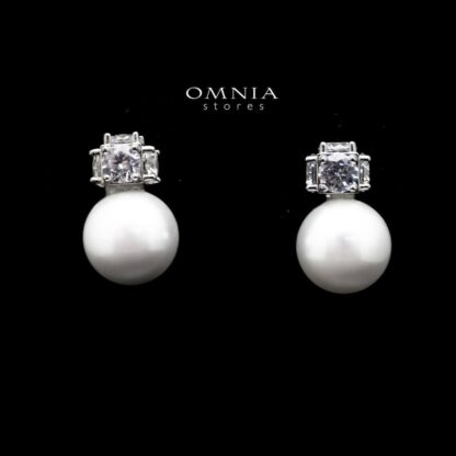 Omnia Belle White Pearl Stud Earrings In 92.5 Silver High Quality Simulated Diamonds