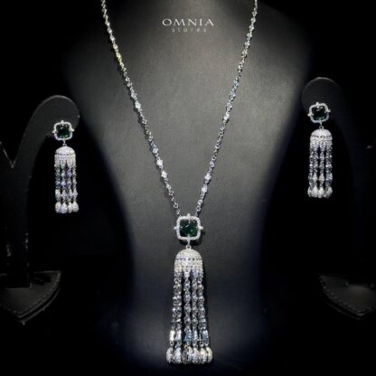 Omnia Yasmin Green Long chain Tassle Set 92.5 Silver In High Quality Simulated diamonds