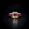 Omnia Zayna Yellow Emerald Cut Ring 92.5 Silver with High-Quality Simulated Diamonds and Ruby Accents - Image 3