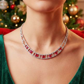 Omnia Alessandra Red Necklace in 925 Silver with Emerald-Cut High-Quality Simulated Diamonds