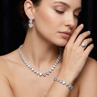 Omnia Donatella White Bridal Full Set with Heart-Cut High-Quality Simulated Diamonds Rhodium Plated
