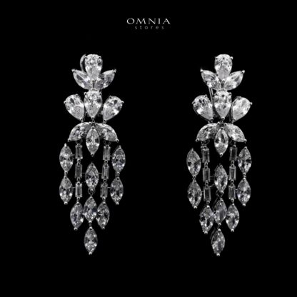 Omnia Soheila Elegant Marquise & Baguette Drop Earrings with High-Quality Simulated Diamonds Rhodium Plated