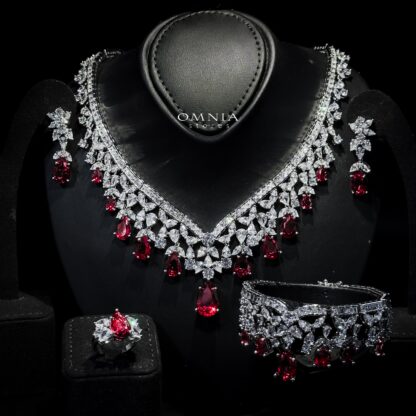 Omnia Princess Bridal Full Set with Pear-Cut White and Red High-Quality Simulated Diamonds Rhodium Plated