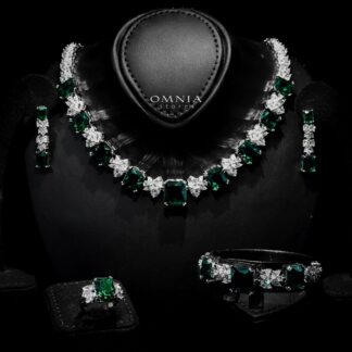 Omnia Amelia Green Bridal Full Set with Emerald and Pear-Cut High-Quality Simulated Diamonds in High-Quality Rhodium Plating