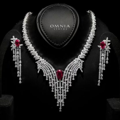Omnia Abir Maroon Bridal Necklace & Earrings Set in 925 Silver with Pear and Marquise-Cut High-Quality Simulated Diamonds