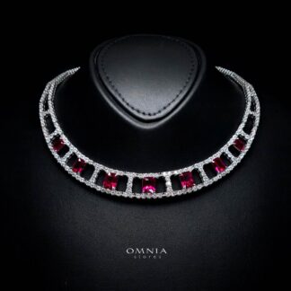 Omnia Alessandra Red Necklace in 925 Silver with Emerald-Cut High-Quality Simulated Diamonds