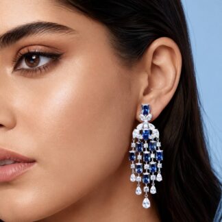Omnia Israa Blue Chandelier Earrings In 92.5 Silver High Quality Simulated diamonds