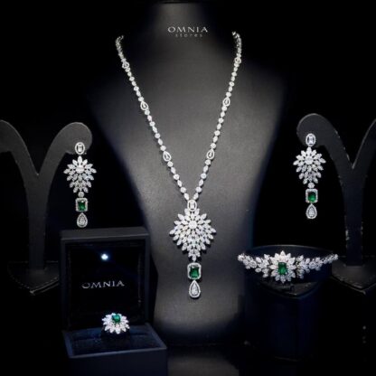 Omnia Cresini Green Long chain Full Set in High Quality Zircon Stone Rhodium Plated