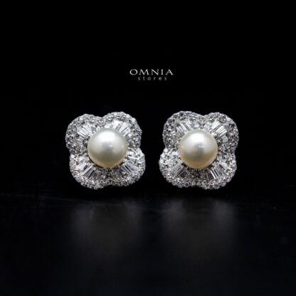 Omnia Lily Pearl Floral Stud Earrings in 92.5 Silver with High Quality Iced Cut Stones