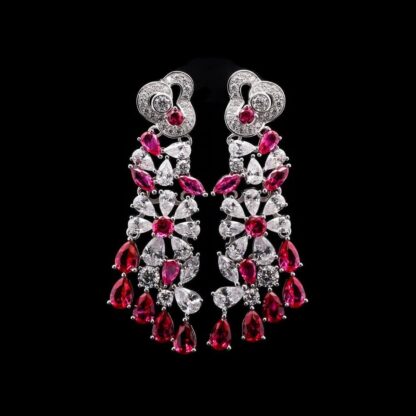 Omnia Blossom Drop Earrings with Ruby Red and White Simulated Diamonds in 92.5 Silver - Image 3