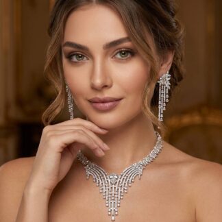 Omnia Abir White Bridal Necklace & Earrings Set in 925 Silver with Pear and Marquise-Cut High-Quality Simulated Diamonds
