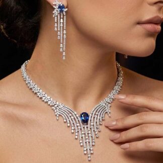 Omnia Abir Blue Bridal Necklace & Earrings Set in 925 Silver with Pear and Marquise-Cut High-Quality Simulated Diamonds
