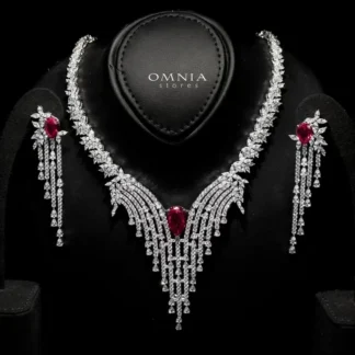 Omnia Abir Maroon Bridal Necklace & Earrings Set in 925 Silver with Pear and Marquise-Cut High-Quality Simulated Diamonds